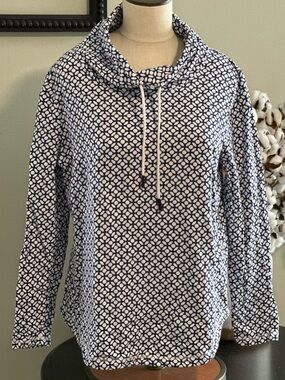 Talbots Navy and White Geometric Funnel Neck Pullover -L